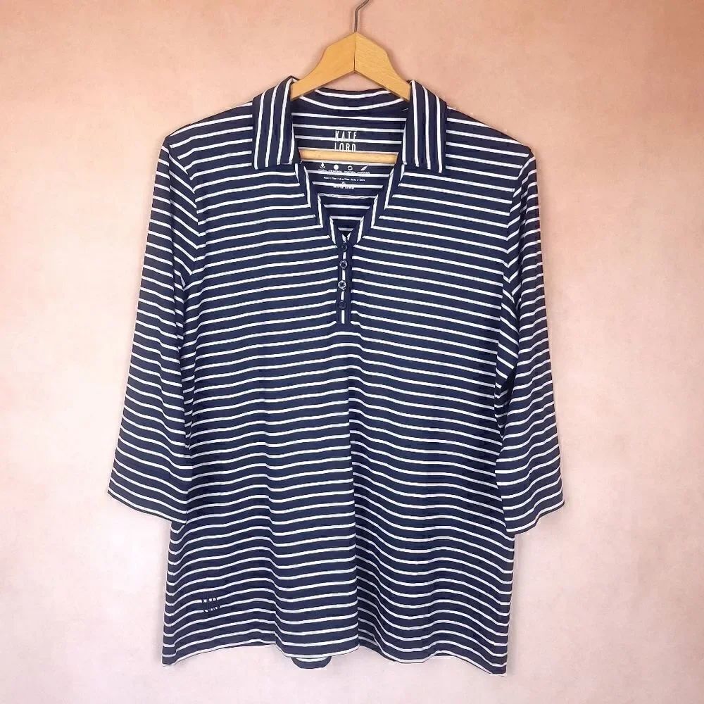 Kate Lord Performance Navy White Button Up Polo Shirt 1/2 Sleeve Size XL